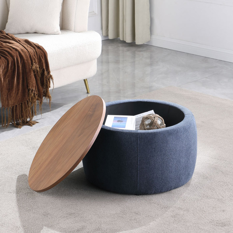 Round Storage Ottoman Coffee Table Footstool with Wood Cover for Living Room