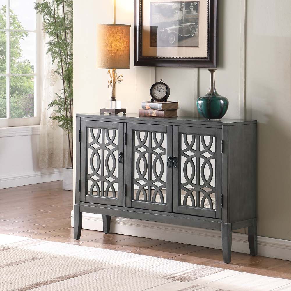 Accent Chest and Cabinet Sideboard with Framed Mirror Doors, 2 Adjustable Shelves Entryway Serving Wine Storage in Gray
