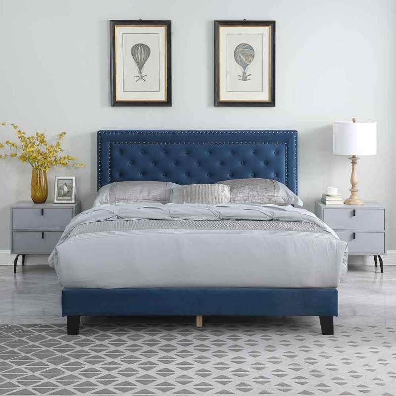 Bed Frame, Velvet Tufted Upholstered Modern Platform Bed with Headboard, Wooden Slats, No Box Spring Needed