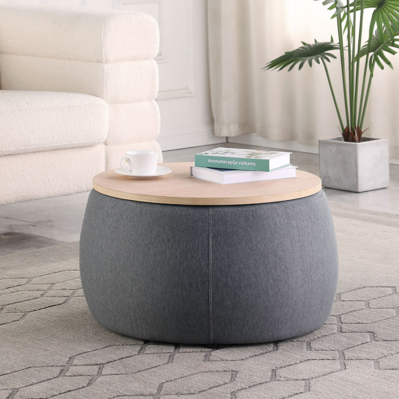 Round Storage Ottoman Coffee Table Footstool with Wood Cover for Living Room