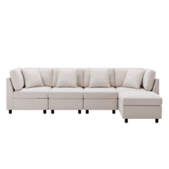 L-Shaped Sectional Sofa Modular Sofa Couch with Ottoman, Modern Beige Linen 4 Seater Sectional Convertible U Shaped Sofa for Living Room, Apartment, Easy Assembly