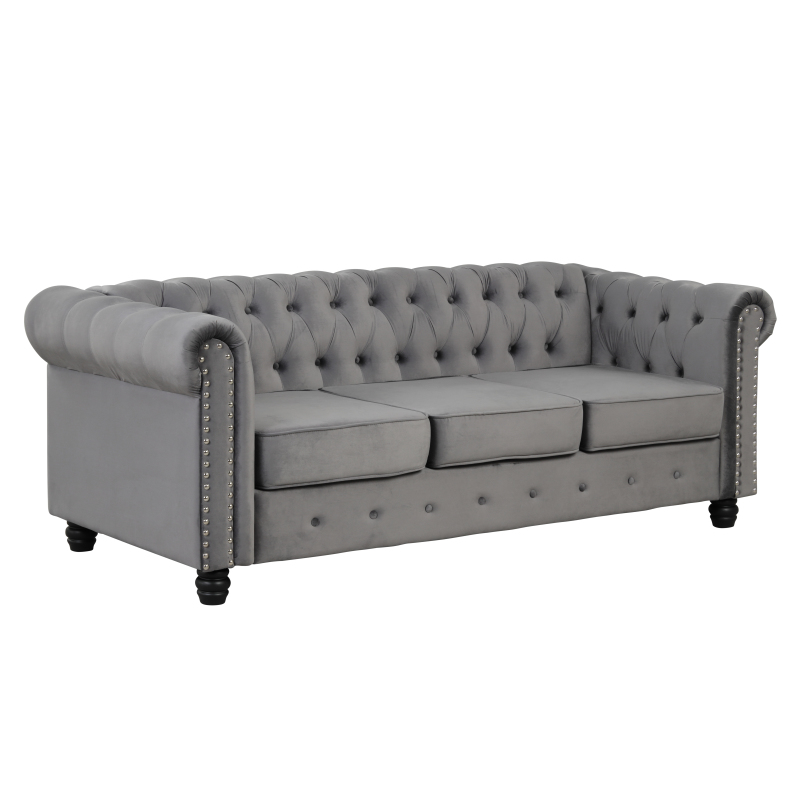 Contemporary Sofa Couch with Deep Button Tufting Dutch Velvet - Light Grey