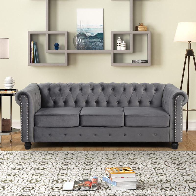 Contemporary Sofa Couch with Deep Button Tufting Dutch Velvet - Light Grey