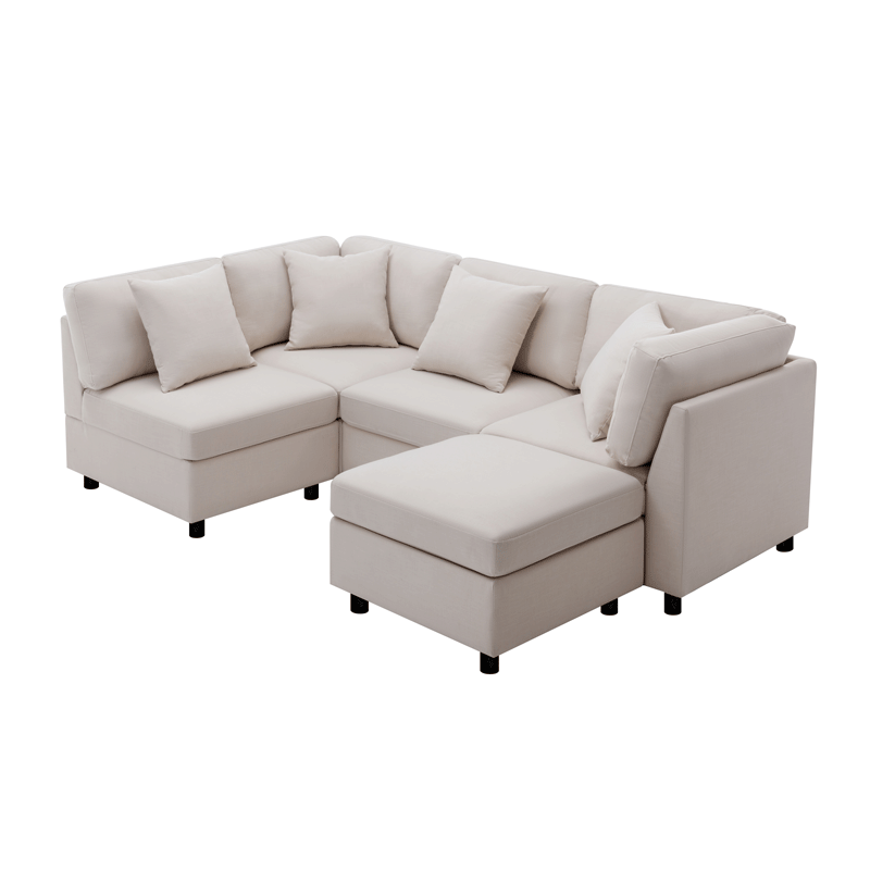 L-Shaped Sectional Sofa Modular Sofa Couch with Ottoman, Modern Beige Linen 4 Seater Sectional Convertible U Shaped Sofa for Living Room, Apartment, Easy Assembly