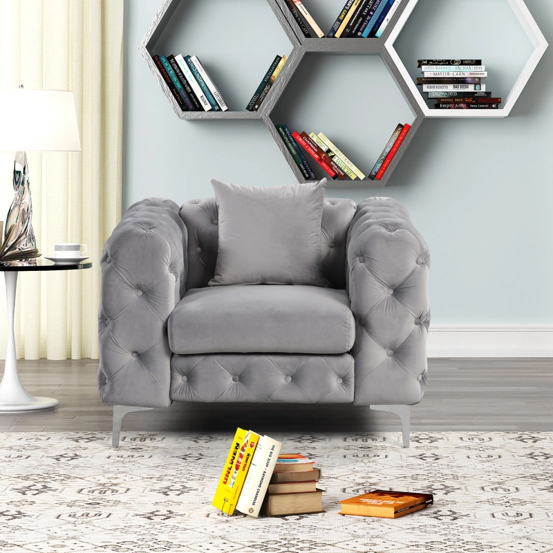 Contemporary Sofa sets with Deep Button Tufting Dutch Velvet - Silver Grey