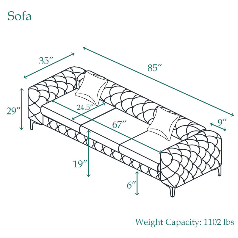 Contemporary Sofa Couch with Deep Button Tufting Dutch Velvet - Silver Grey