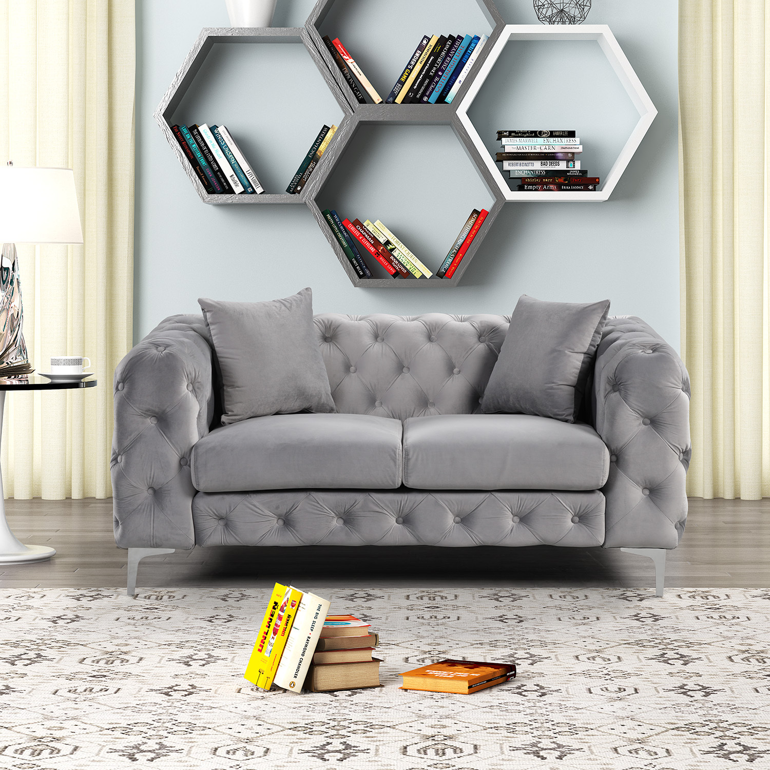 Contemporary Love Seat with Deep Button Tufting Dutch Velvet - Grey