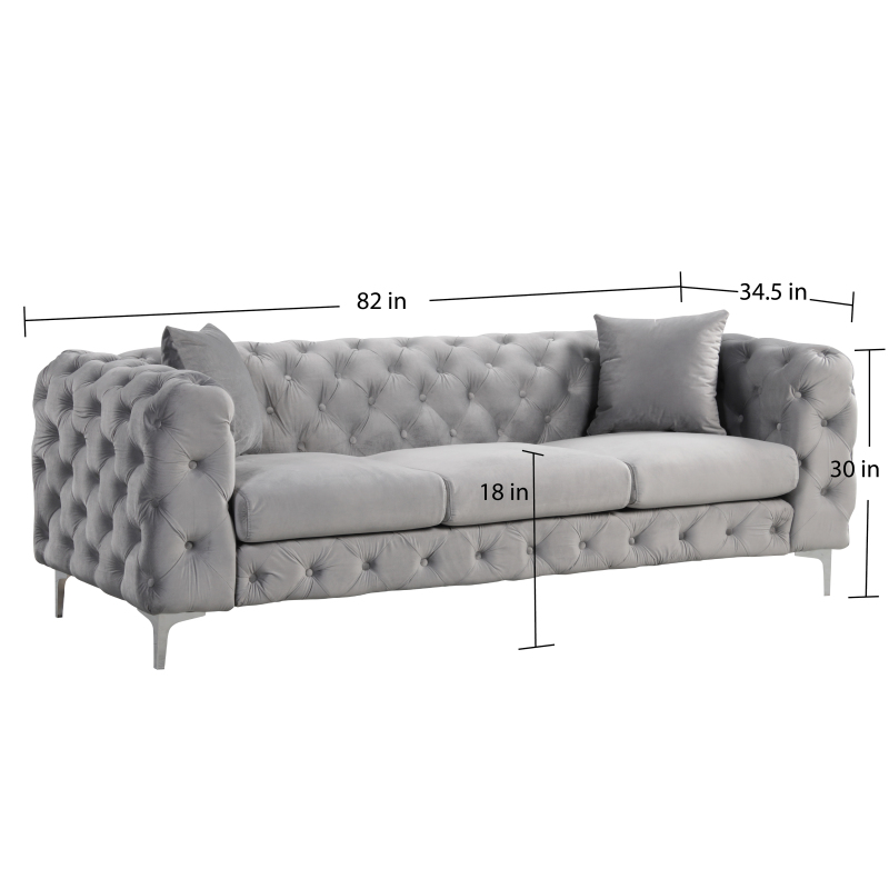 Contemporary Sofa  with Deep Button Tufting Dutch Velvet - Silver Grey