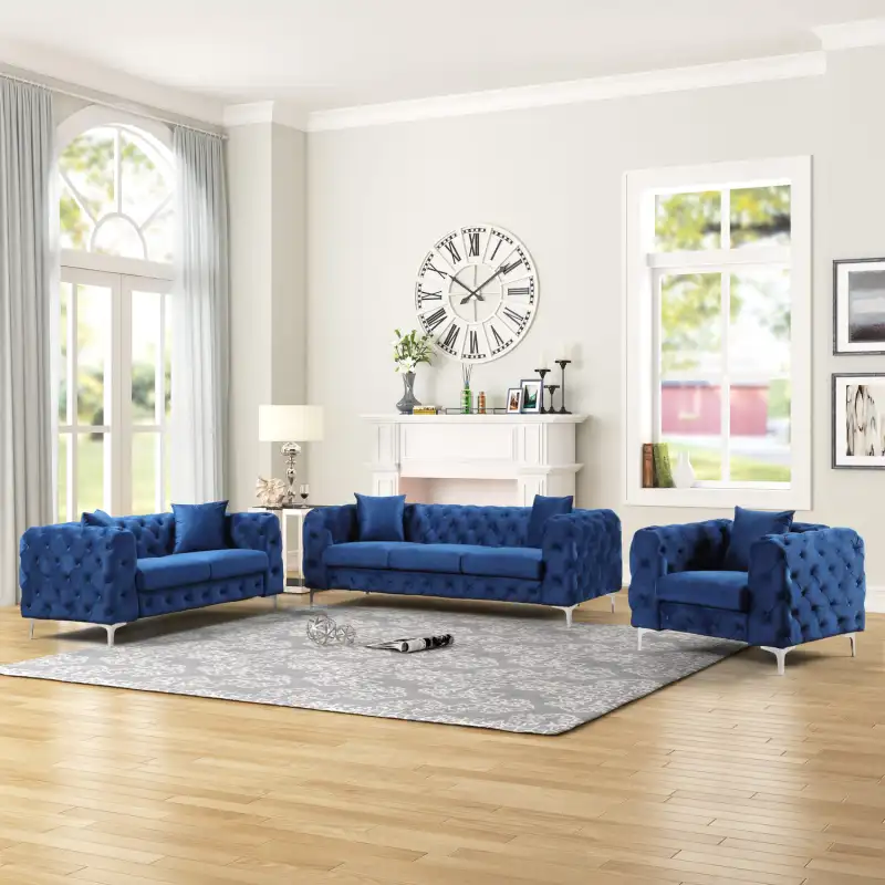 Contemporary Sofa with Deep Button Tufting Dutch Velvet - Navy Blue