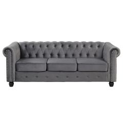 Contemporary Sofa Couch with Deep Button Tufting Dutch Velvet -Velvet Grey