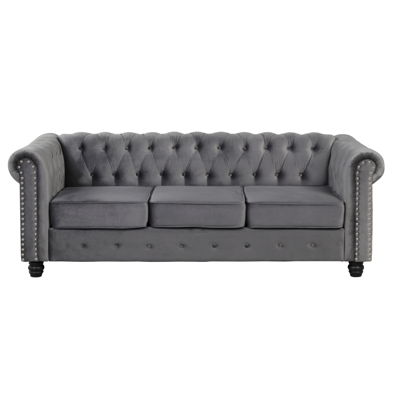 Contemporary Sofa Couch with Deep Button Tufting Dutch Velvet - Light Grey