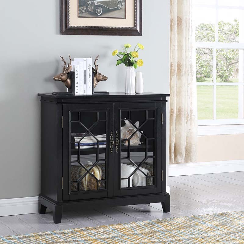 Sideboard & Buffets Cabinet with Iron Framed Glass Doors, Adjustable Shelves Accent Display Storage Distressed Console Cabinet for Entryway Living Room Bedroom Kitchen(Black)