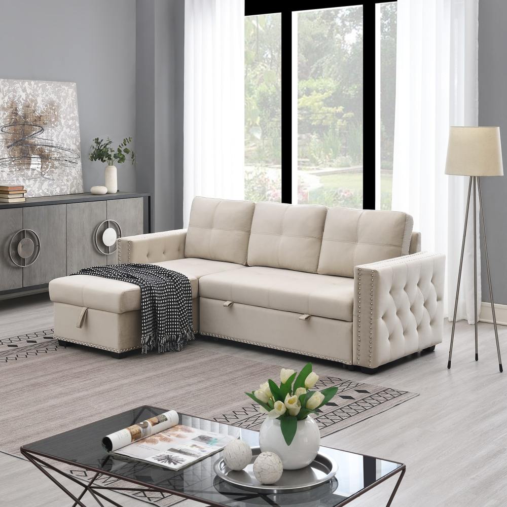 Velvet Reversible Sleeper Sectional Sofa Bed with Storage in Beige