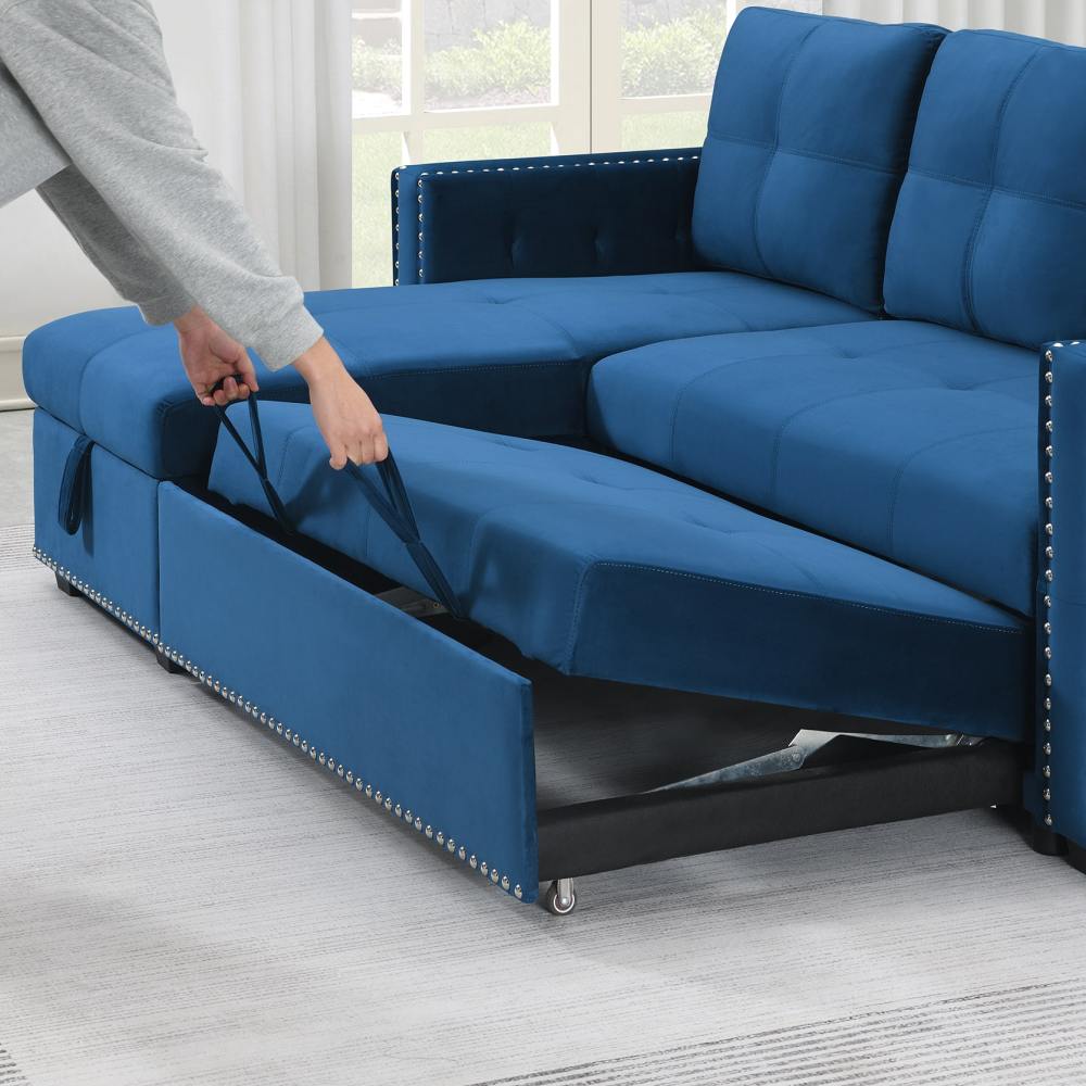 Velvet Reversible Sleeper Sectional Sofa with Storage in Blue