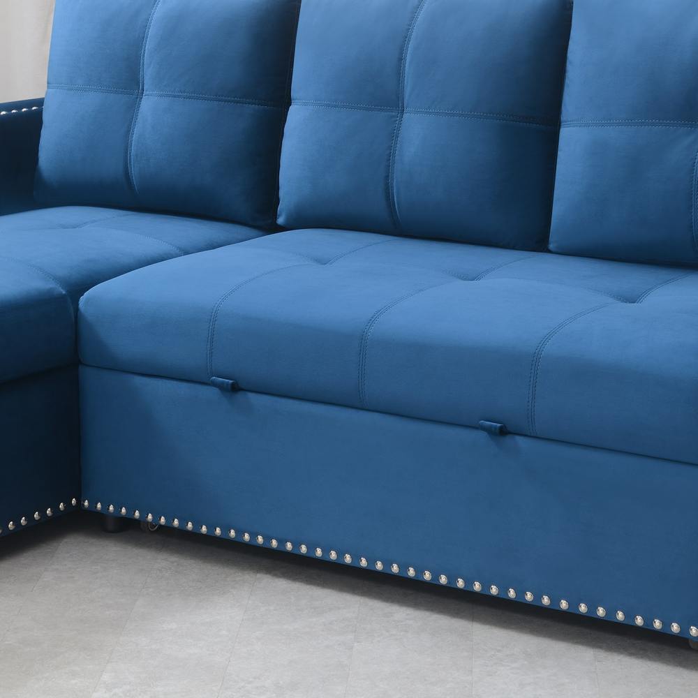 Velvet Reversible Sleeper Sectional Sofa with Storage in Blue
