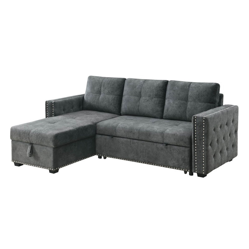 Velvet Reversible Sleeper Sectional Sofa with Storage in Black