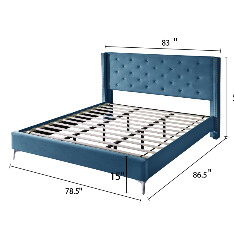 Bed Frame 15 Inch Wood Platform, Upholstered Platform Bed - Blue