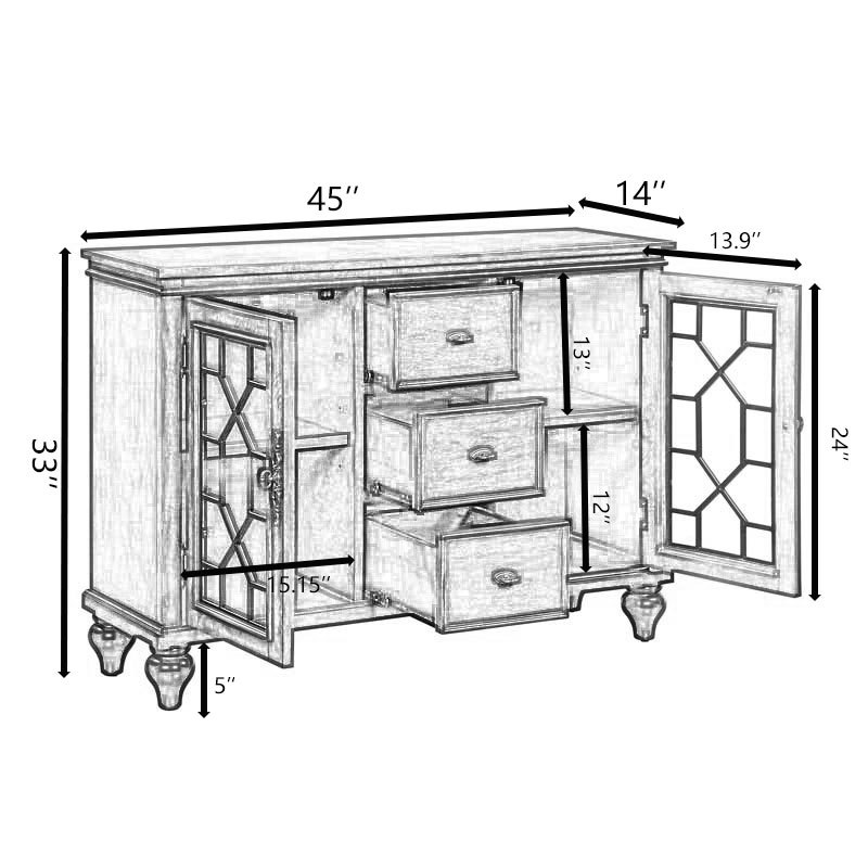 Sideboard & Buffets Cabinet with Iron Framed Glass Doors, 3 Drawers and Adjustable Shelves Accent Display Storage Distressed Console Cabinet for Entryway Living Room Bedroom Kitchen