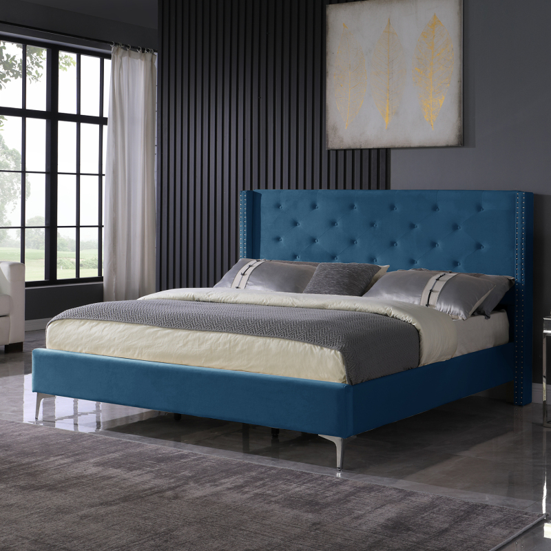 Bed Frame 15 Inch Wood Platform, Upholstered Platform Bed - Blue