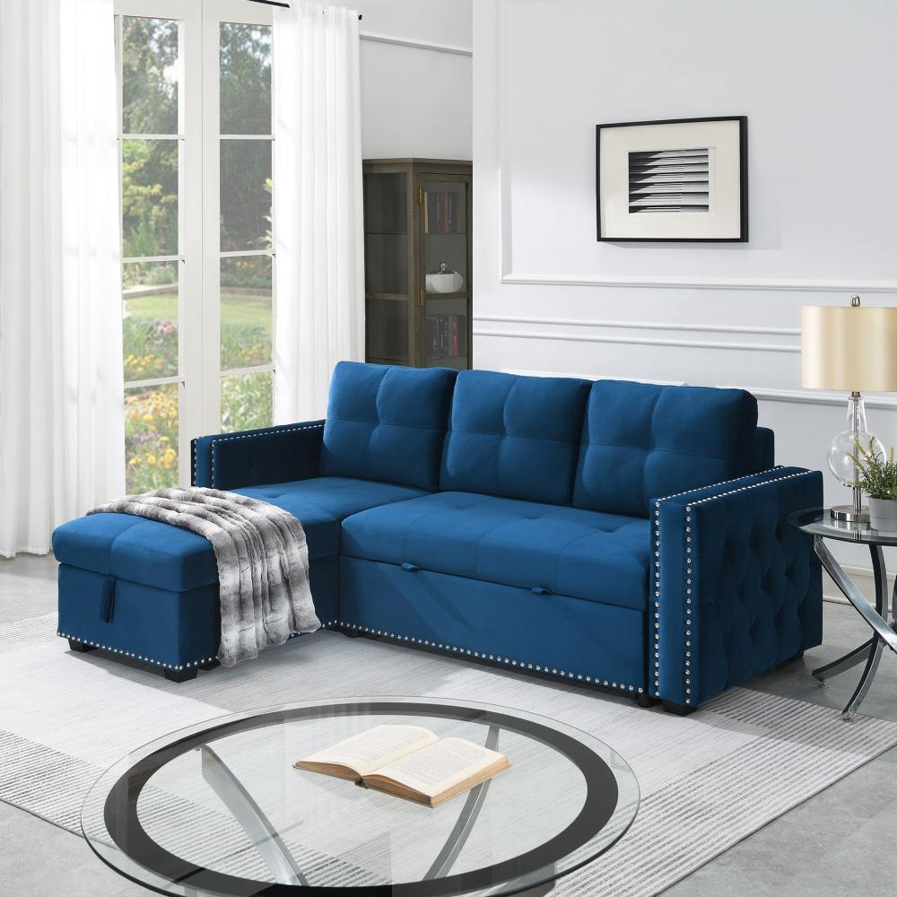 Velvet Reversible Sleeper Sectional Sofa with Storage in Blue