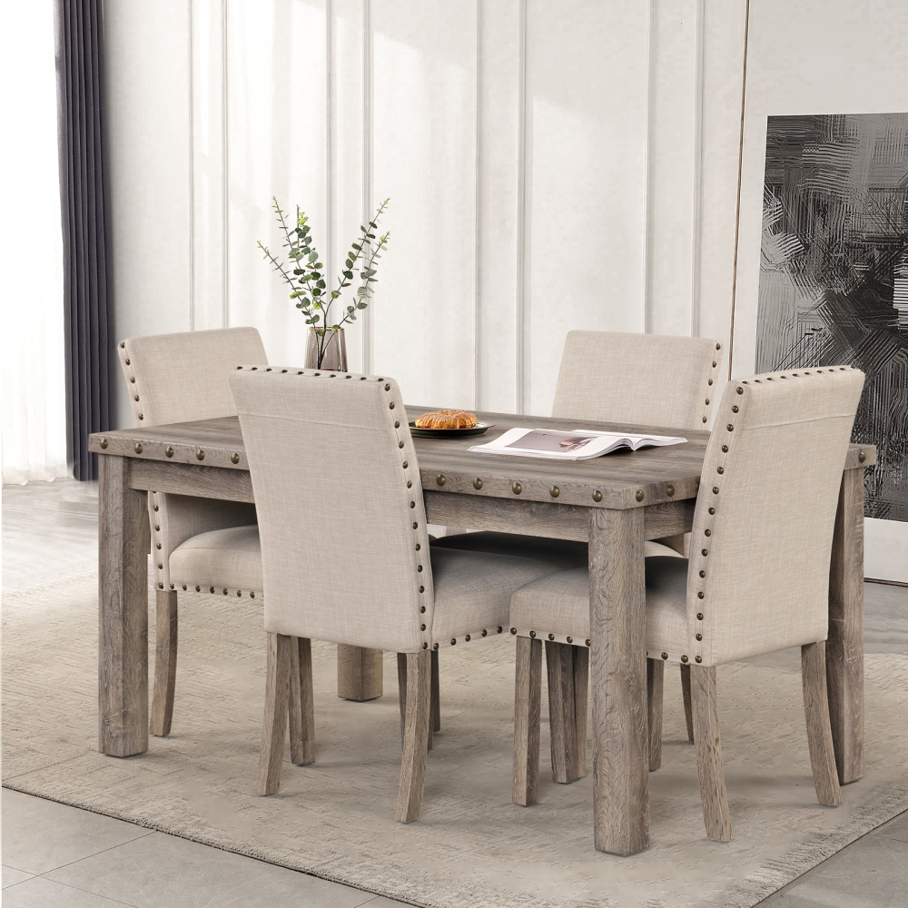 Log Rural Style Dining Table Set Dining Table and Chair Set with a Combination of Linen and Solid Wood