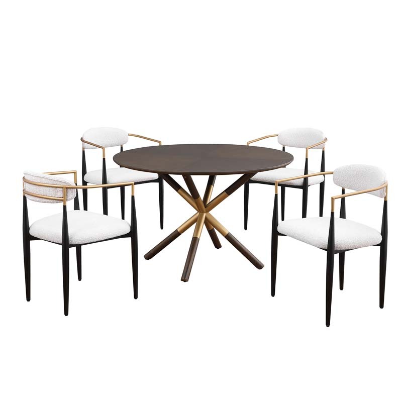 47in.W Round Dining Table Set with Cross Legs, Walnut Wood Top Modern Chair Minimalist Style Hollow Design with Metal Frame