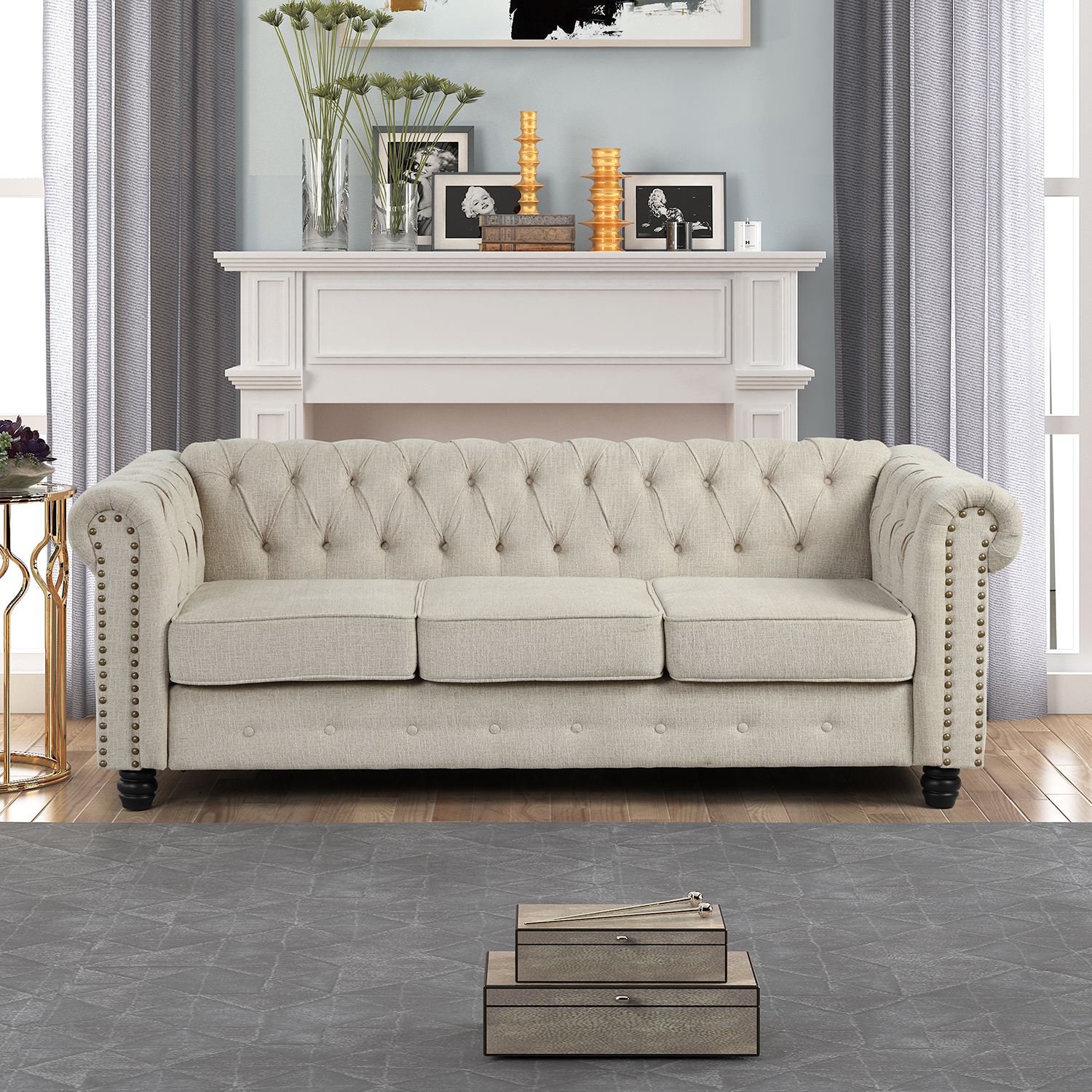 3 Pieces Chesterfield Furniture Sets - Fabric, Beige