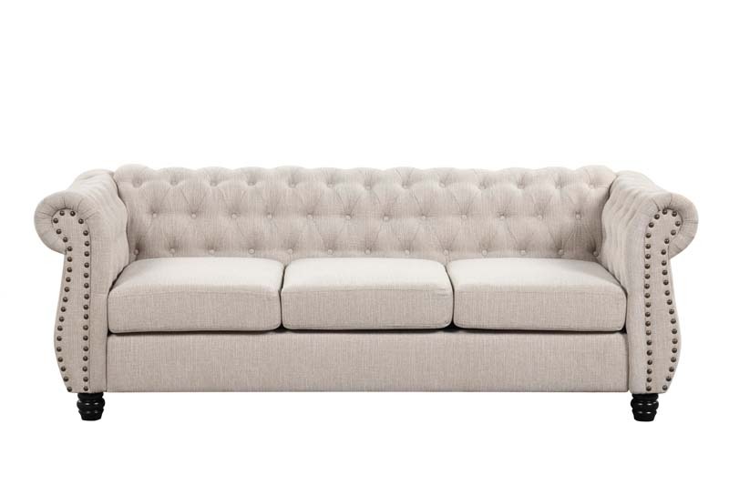 Linen Chesterfield Sofa Set With Roll Arms