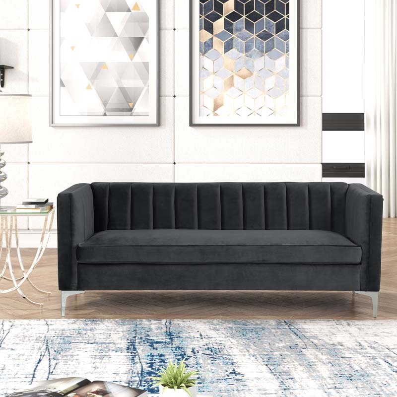 Modern Channel Tufted Velvet  Sofa 3 Seater