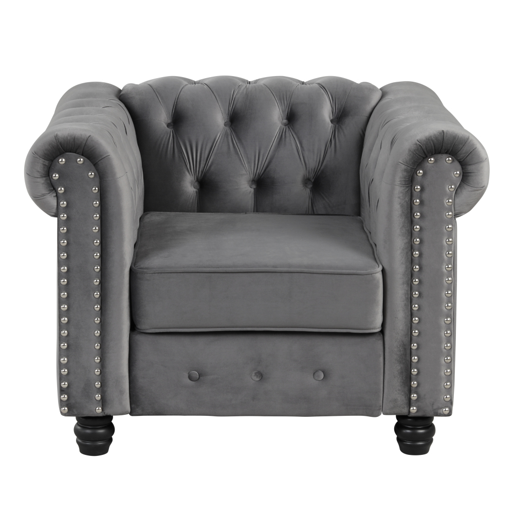 Contemporary Accent Chair with Deep Button Tufting Dutch Velvet - Light Grey