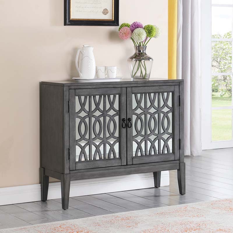 Sideboard Buffets Kitchen Storage Cabinet with Framed Mirror Doors, 3 Door Adjustable Shelves Accent Display Storage Distressed Console Cabinet for Entryway Living Room (Grey)