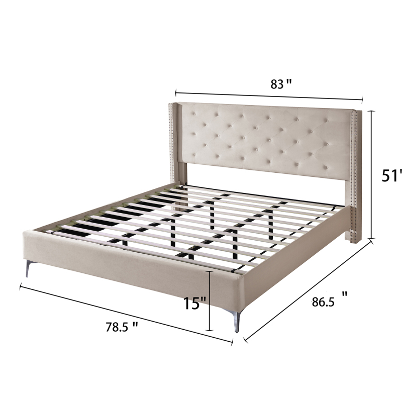 Bed Frame 15 Inch Wood Platform, Upholstered Platform Bed - Cream