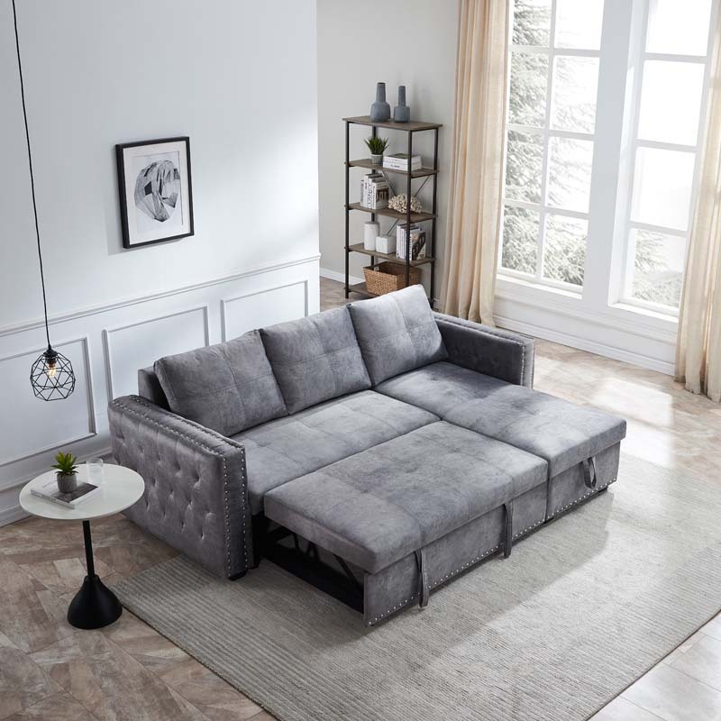 Velvet Sectional Sofa Bed with Storage and Pull Out Bed in Gray