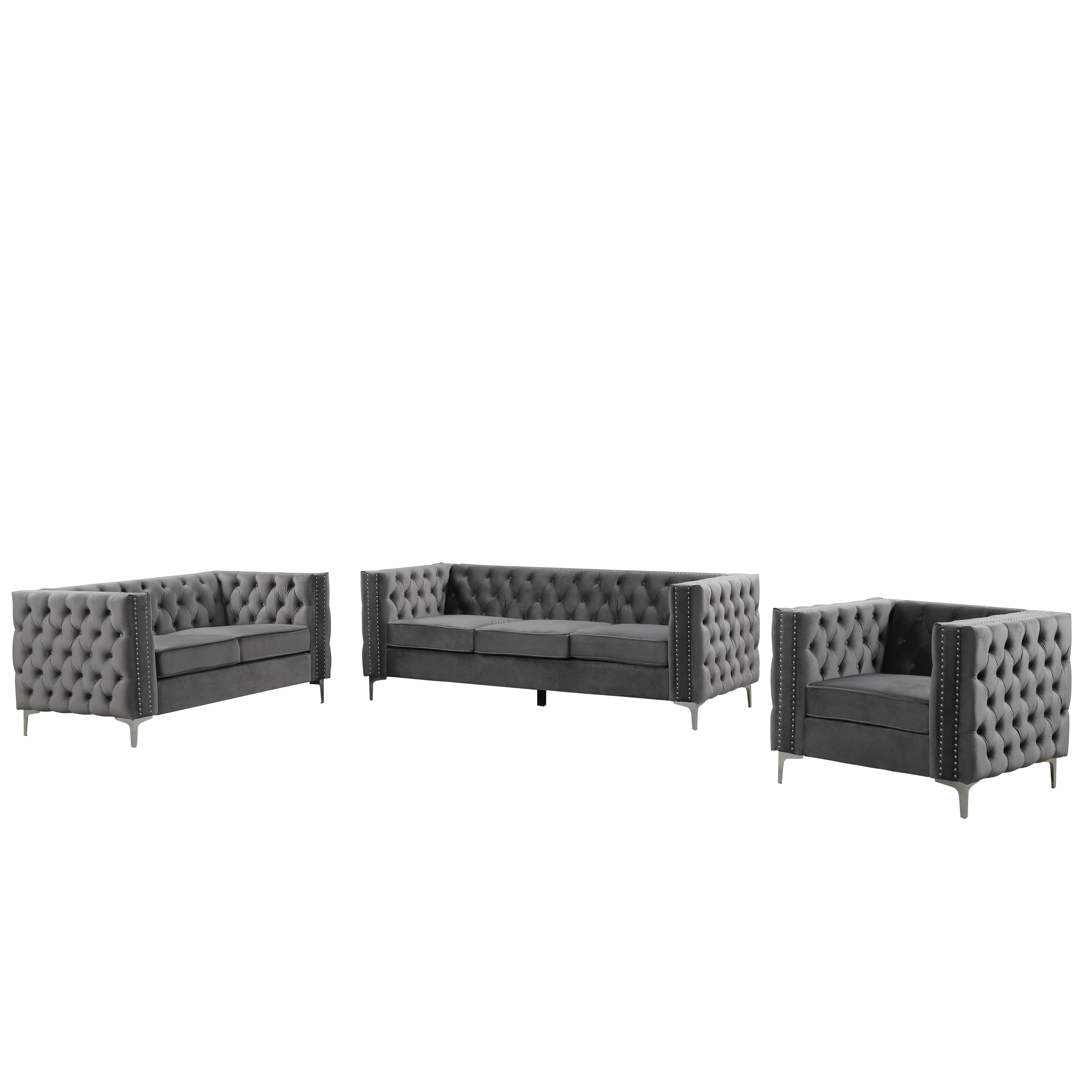 Couches for Living Room 3 Pieces Velvet  - Grey