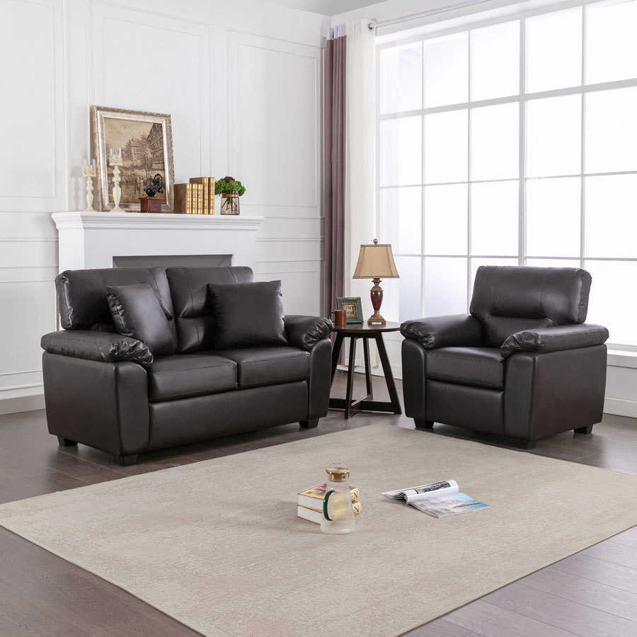 Sofa Collection 2 Pieces  Flared Arm PU Leather Mid-Century Modern Upholstered Sofa in Chocolate Brown