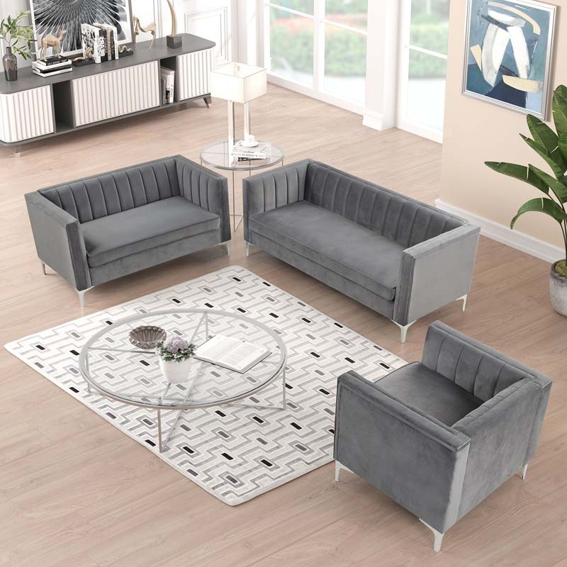 3 Pieces Modern Channel Tufted Velvet Living Room Sets