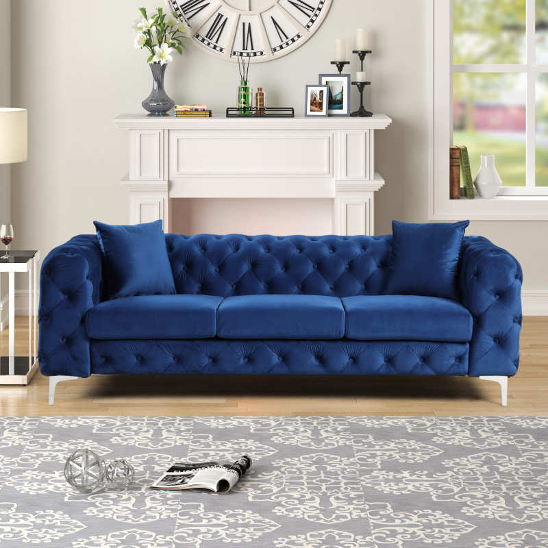 Contemporary Sofa with Deep Button Tufting Dutch Velvet - Navy Blue