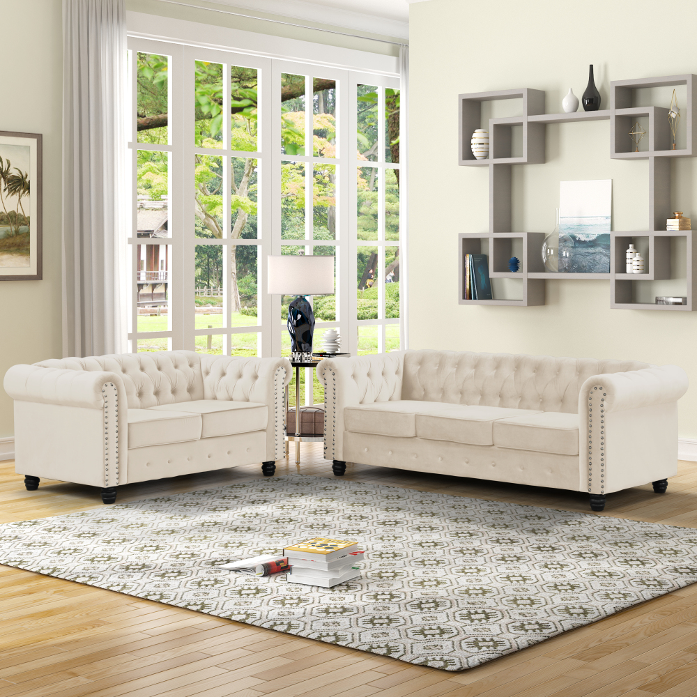 Chesterfield Furniture Sets 2 Pieces Velvet - Beige