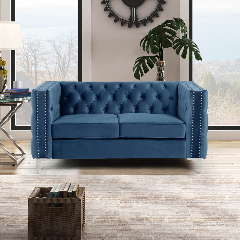 Modern Loveseat with Deep Dutch Velvet - Blue