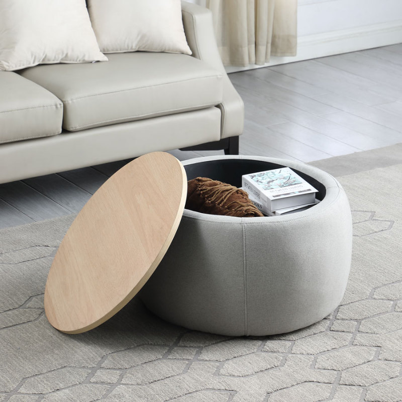 Round Storage Ottoman Coffee Table Footstool with Wood Cover for Living Room