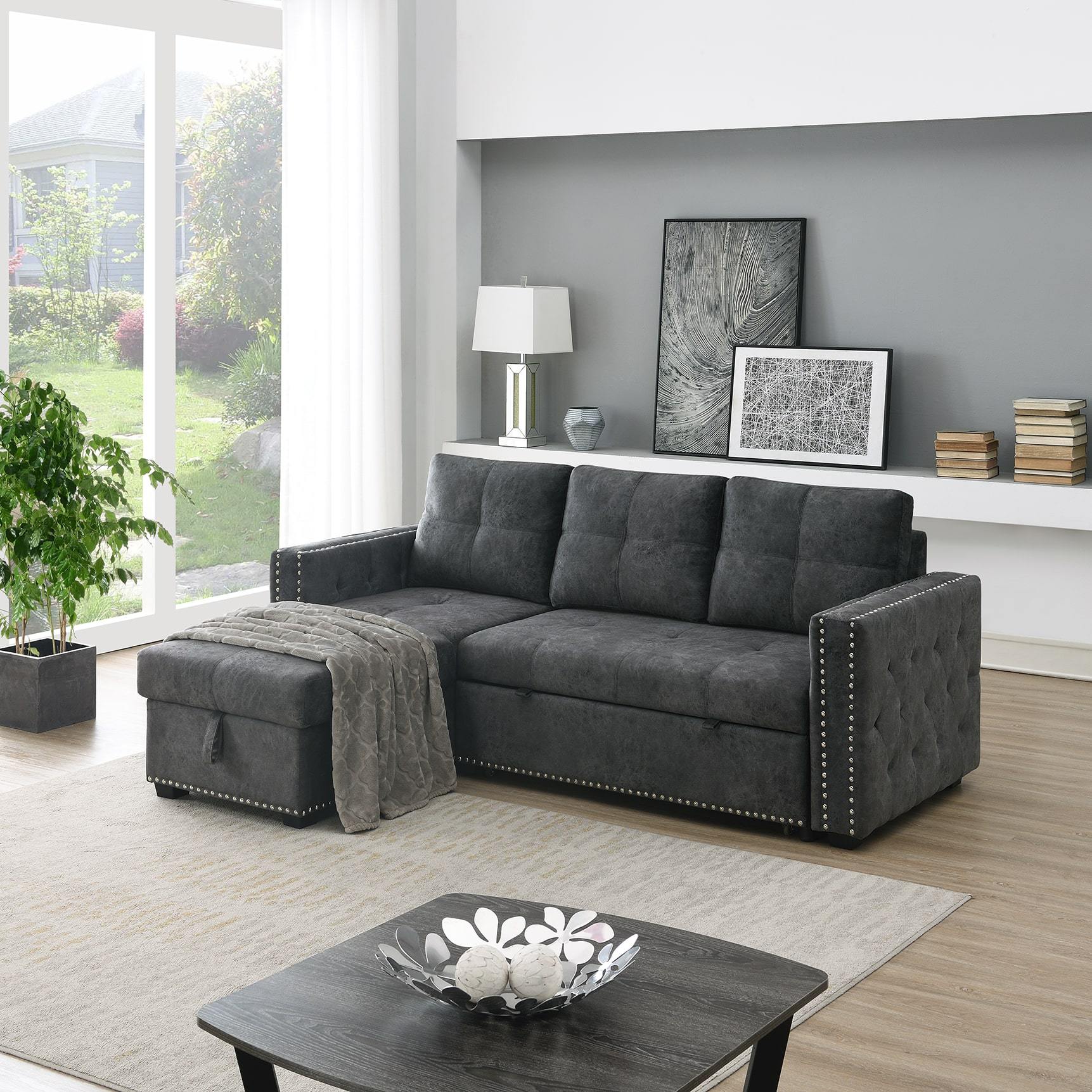 Velvet Reversible Sleeper Sectional Sofa with Storage in Black