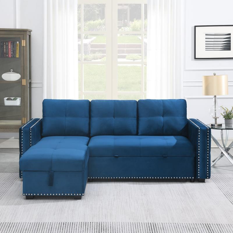 Velvet Reversible Sleeper Sectional Sofa with Storage in Blue