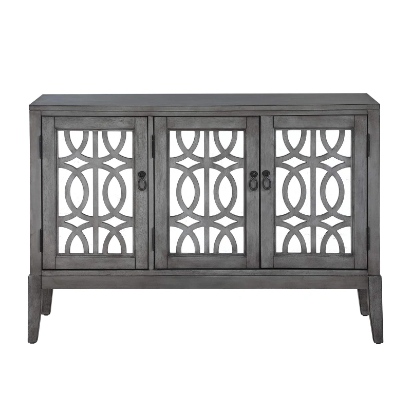 Accent Chest and Cabinet Sideboard with Framed Mirror Doors, 2 Adjustable Shelves Entryway Serving Wine Storage in Gray