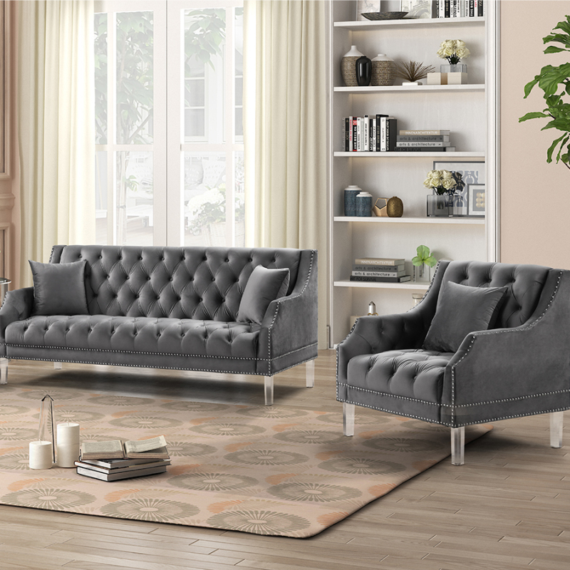 Living Room Couches Slope Arm  Loveseat and Sofa Set Velvet Gray
