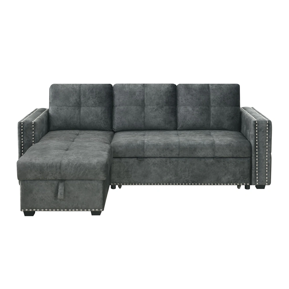 Velvet Sectional Sofa Bed with Storage and Pull Out Bed in Black