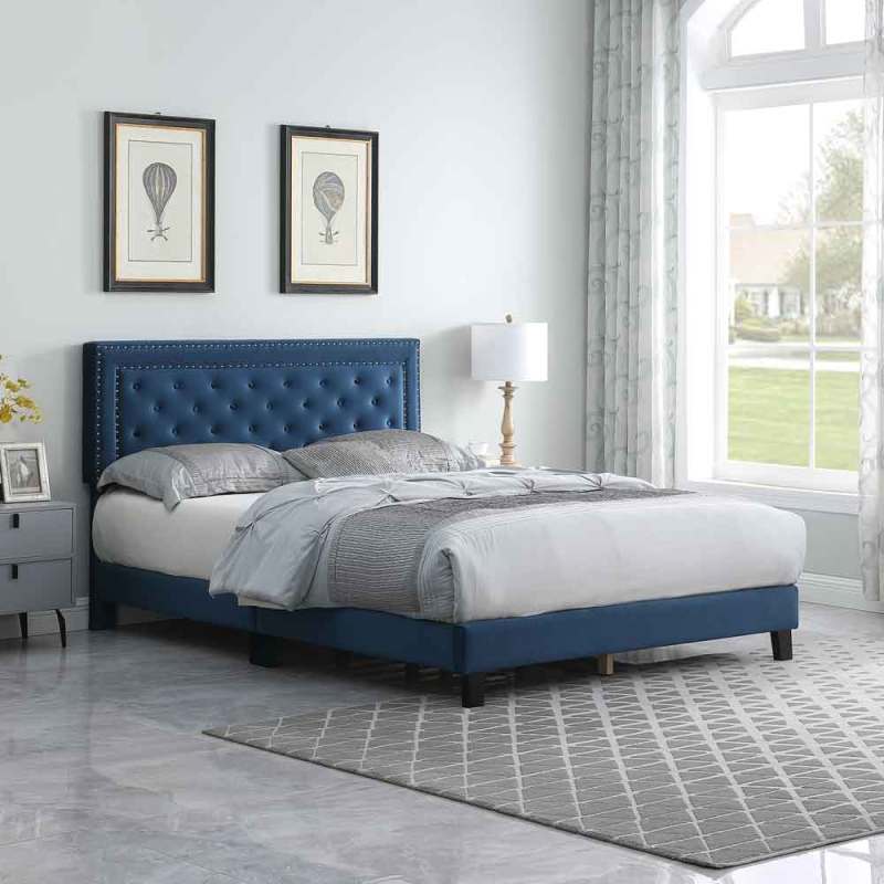 Bed Frame, Velvet Tufted Upholstered Modern Platform Bed with Headboard, Wooden Slats, No Box Spring Needed