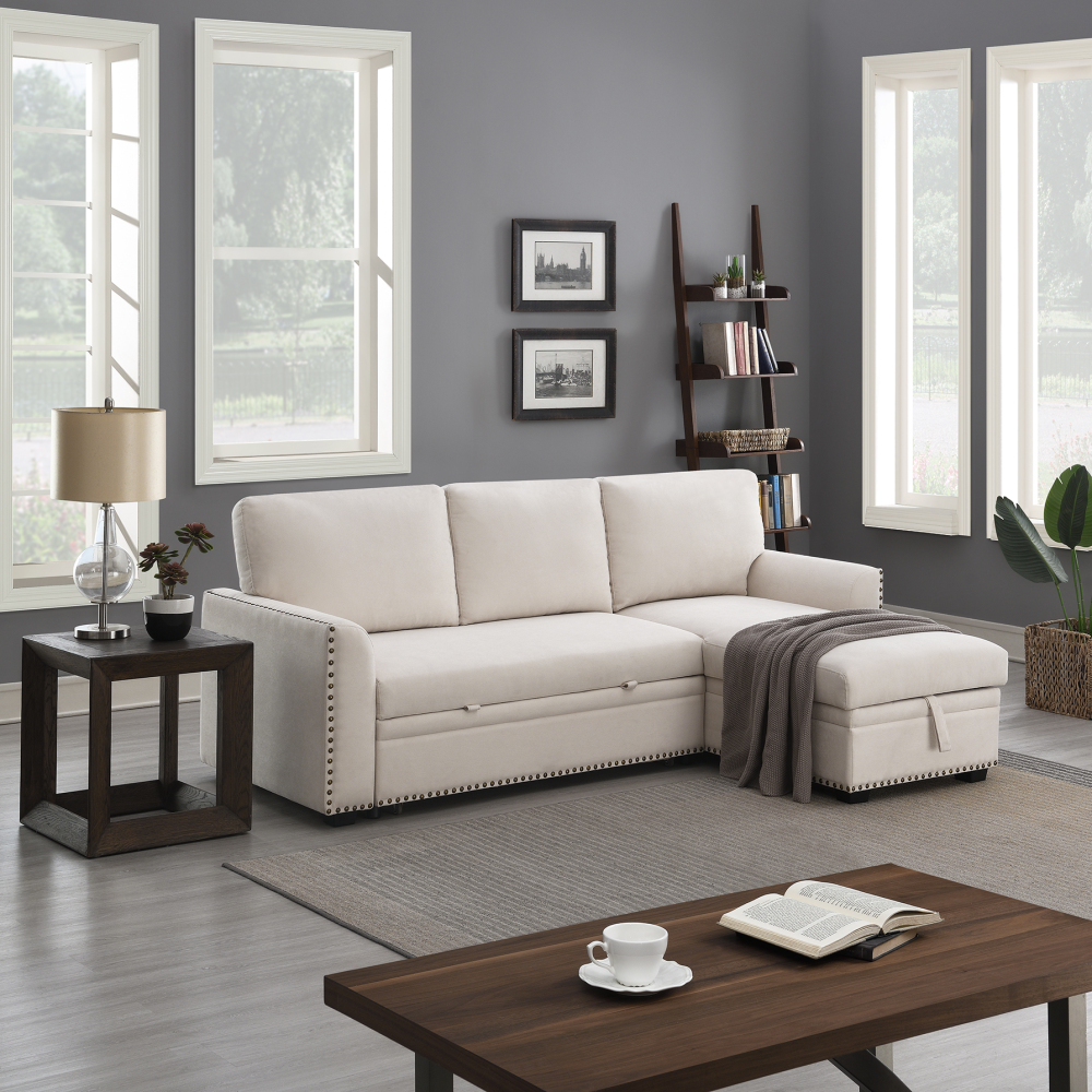 Morden Fort Velvet Sectional Sleeper Sofa with Storage