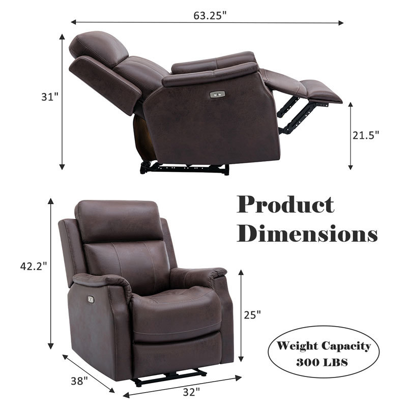 Brown Upgraded Coated Microfiber Power Reclining Chairs for Living Room Bedroom, USB Charge Port Included