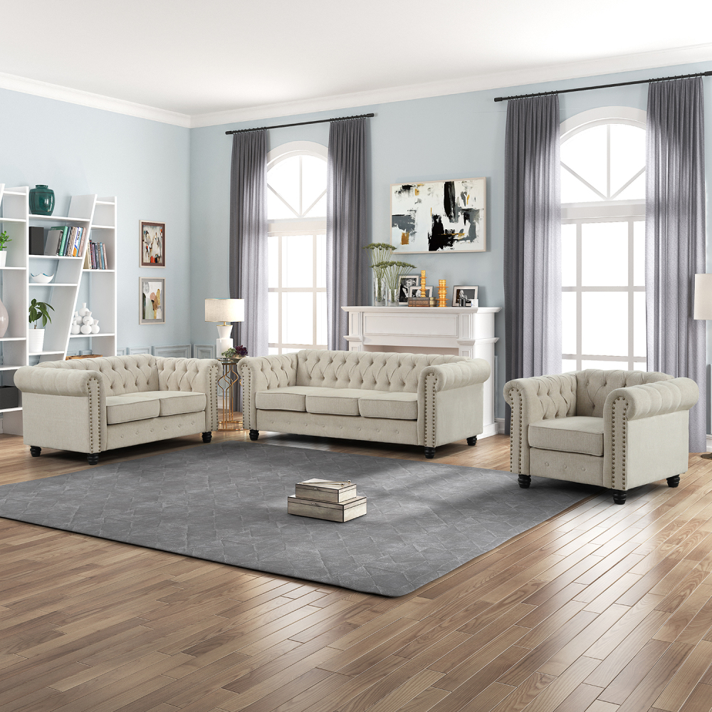 3 Pieces Chesterfield Furniture Sets - Fabric, Beige