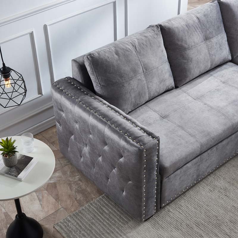 Velvet Sectional Sofa Bed with Storage and Pull Out Bed in Gray